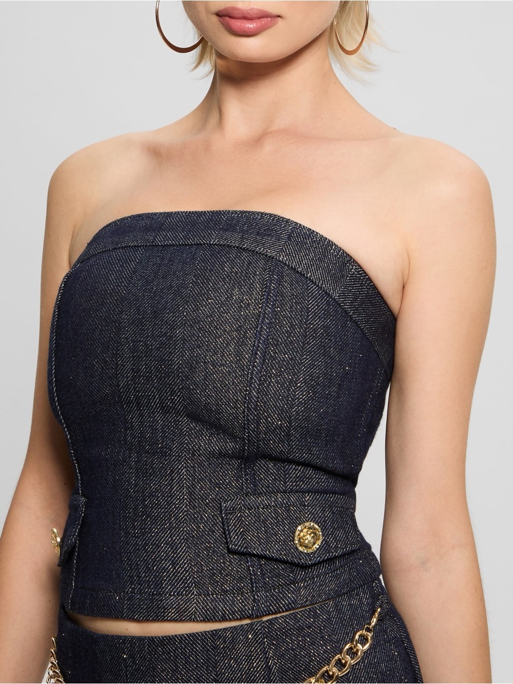 Guess Navy Blue Glitter Strapless Bustier Top